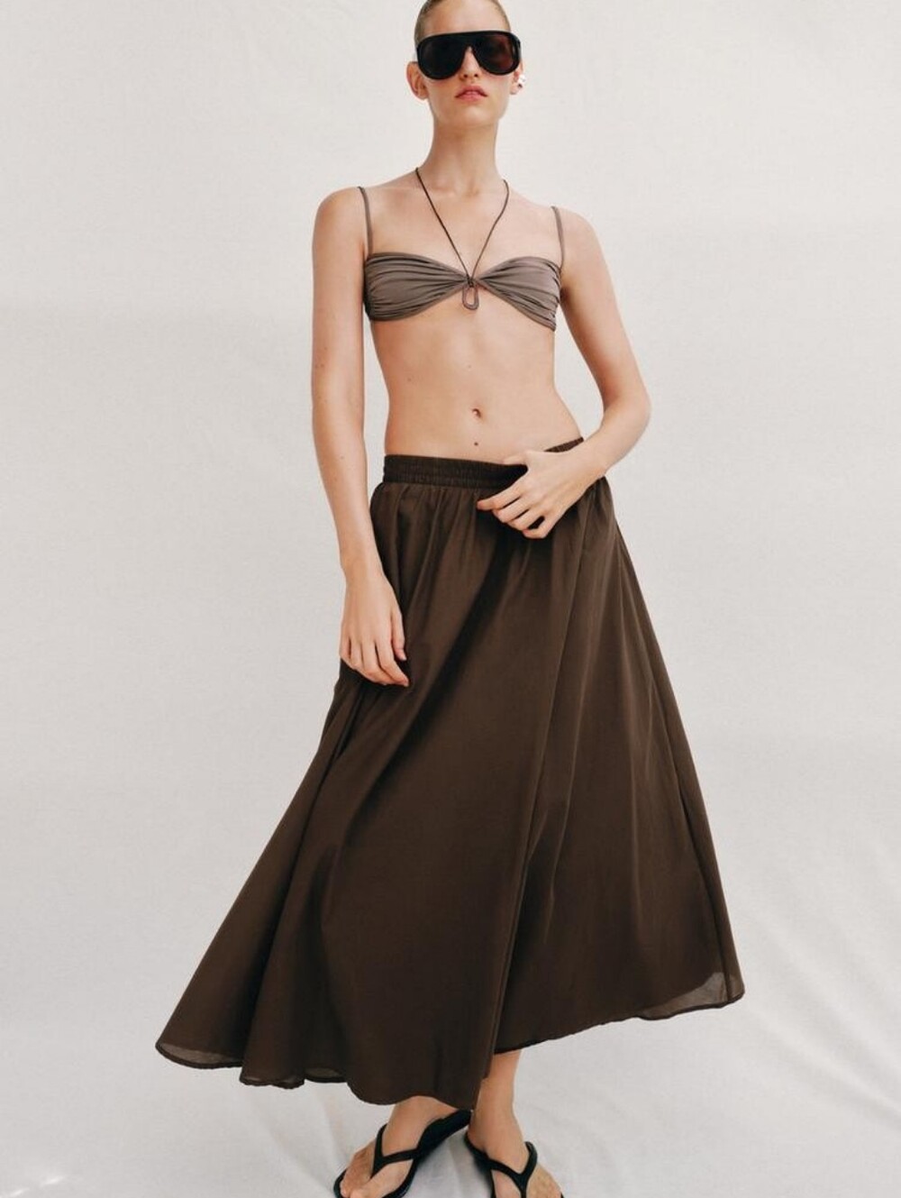 Flowy Brown Cotton Zara Maxi/Midi Skirt | Large